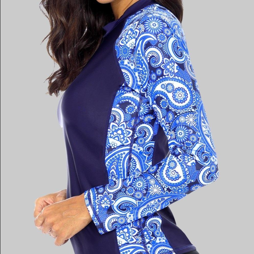 Blue Gradient Zipper Long Sleeve Swim Shirt UPF50+ Rash Guard