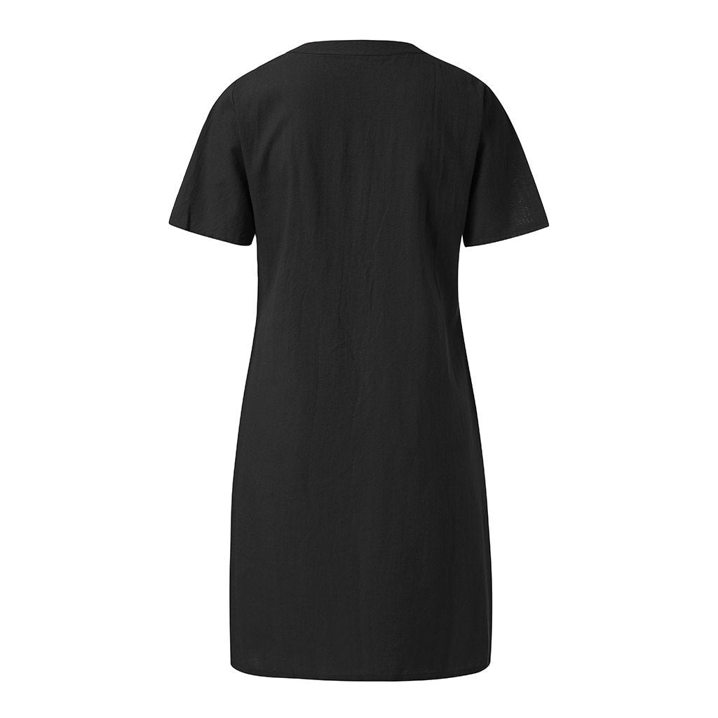 Linen Shirt Dress - O Neck Button Front Linen Shirt Dress - O Neck Button Front