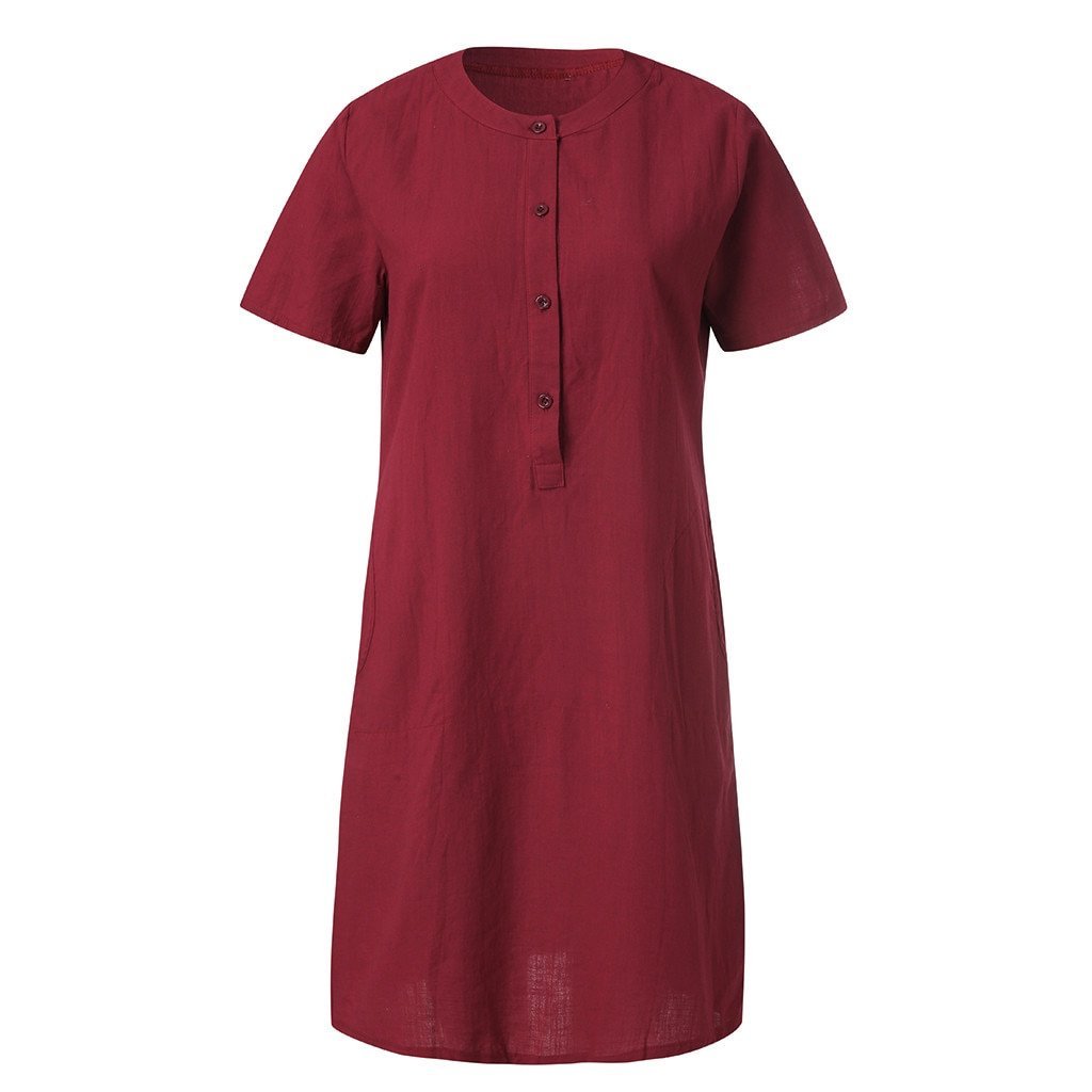 Linen Shirt Dress - O Neck Button Front Linen Shirt Dress - O Neck Button Front