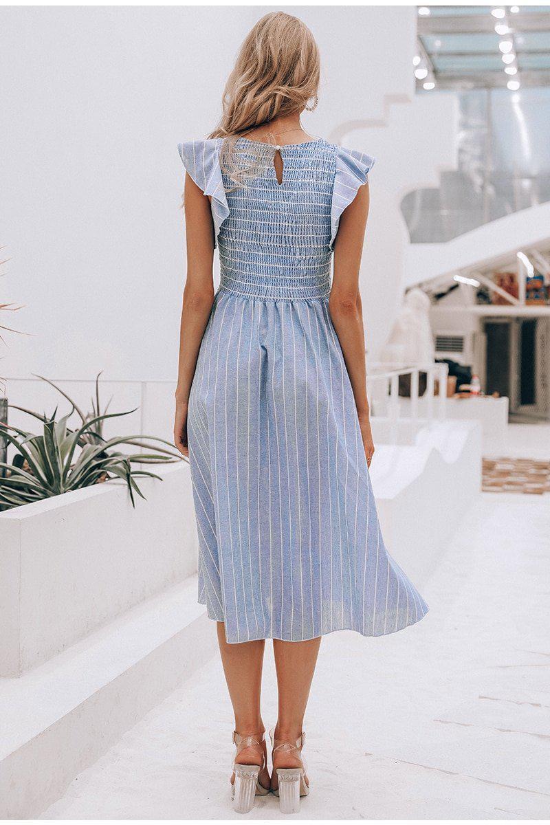 Ruffle Sleeve Midi Dress - Vintage Striped Linen-Carmen Candela Ruffle Sleeve Midi Dress - Vintage Striped Linen-Carmen Candela