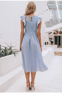 Ruffle Sleeve Midi Dress - Vintage Striped Linen-Carmen Candela Ruffle Sleeve Midi Dress - Vintage Striped Linen-Carmen Candela