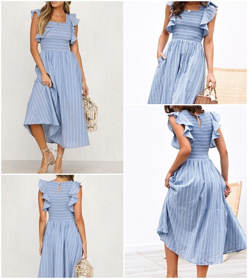 Ruffle Sleeve Midi Dress - Vintage Striped Linen-Carmen Candela Ruffle Sleeve Midi Dress - Vintage Striped Linen-Carmen Candela