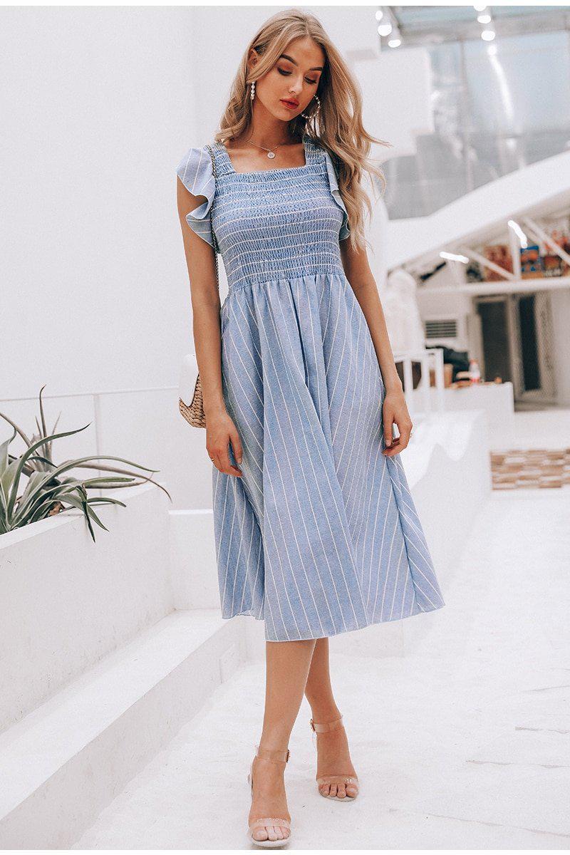 Ruffle Sleeve Midi Dress - Vintage Striped Linen-Carmen Candela Ruffle Sleeve Midi Dress - Vintage Striped Linen-Carmen Candela